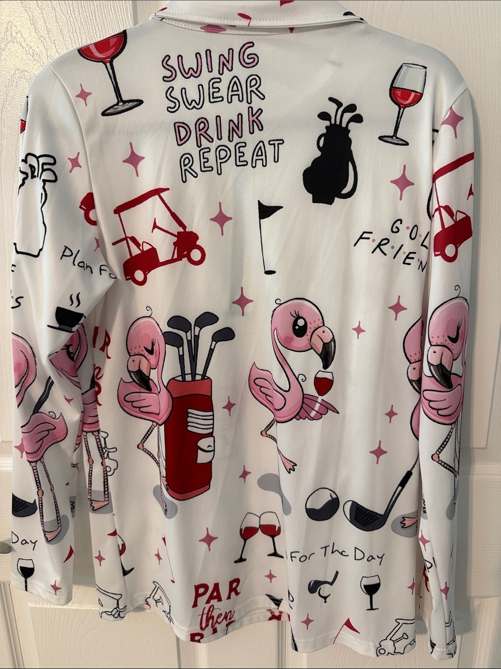 Women's White Long-Sleeve Golf Polo with Pink Flamingo Print - Picture 2 of 2